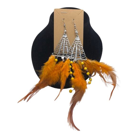 Boho Chic Pattern Metal Chandelier With Beads And Orange Feathers Earrings - Picture 8 of 12